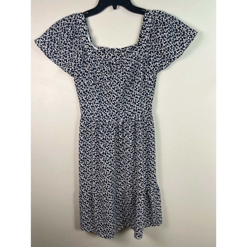 Women's Monteau Navy White Floral Print Square Neck Flutter Sleeve Dress Sz XS